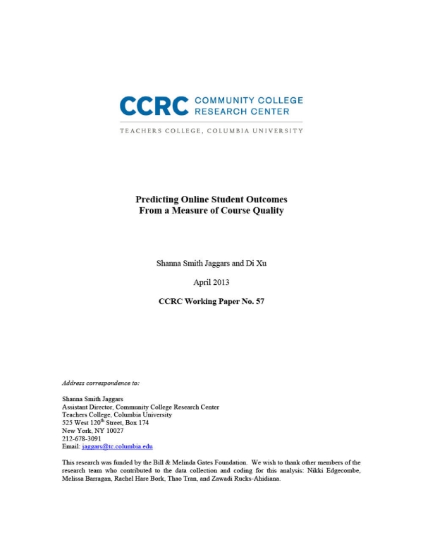Predicting Online Student Outcomes From a Measure of Course Quality