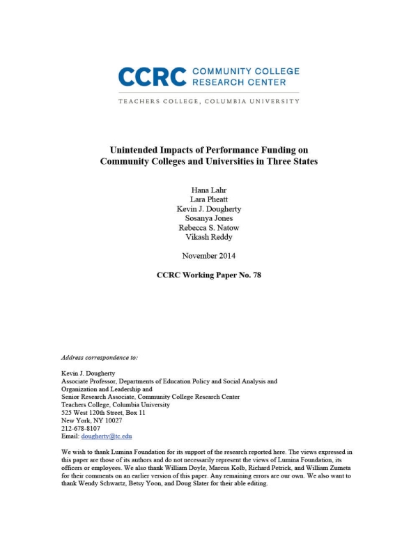 Unintended Impacts of Performance Funding on Community Colleges and Universities in Three States