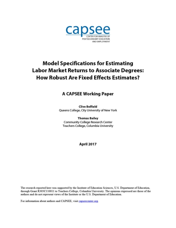 Model Specifications for Estimating Labor Market Returns to Associate Degrees: How Robust Are Fixed Effects Estimates?