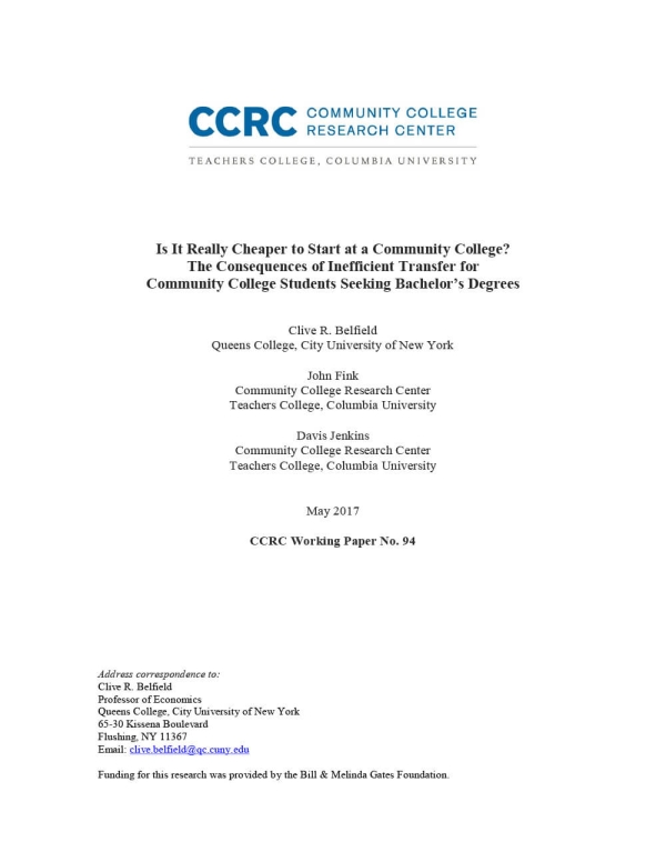 Is It Really Cheaper to Start at a Community College? The Consequences of Inefficient Transfer for Community College Students Seeking Bachelor’s Degrees