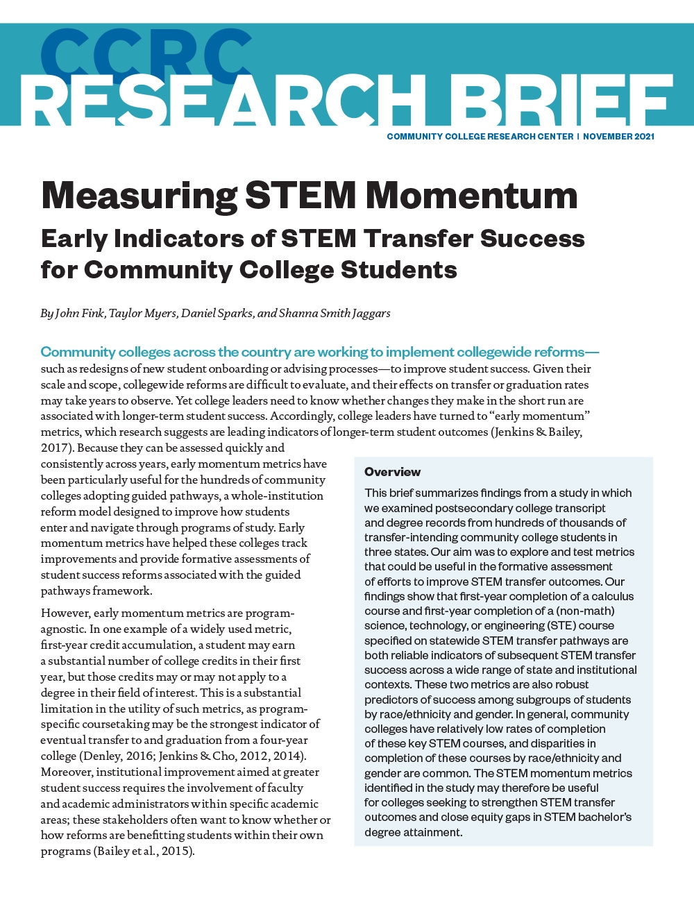 Measuring STEM Momentum: Early Indicators of STEM Transfer Success for Community College Students