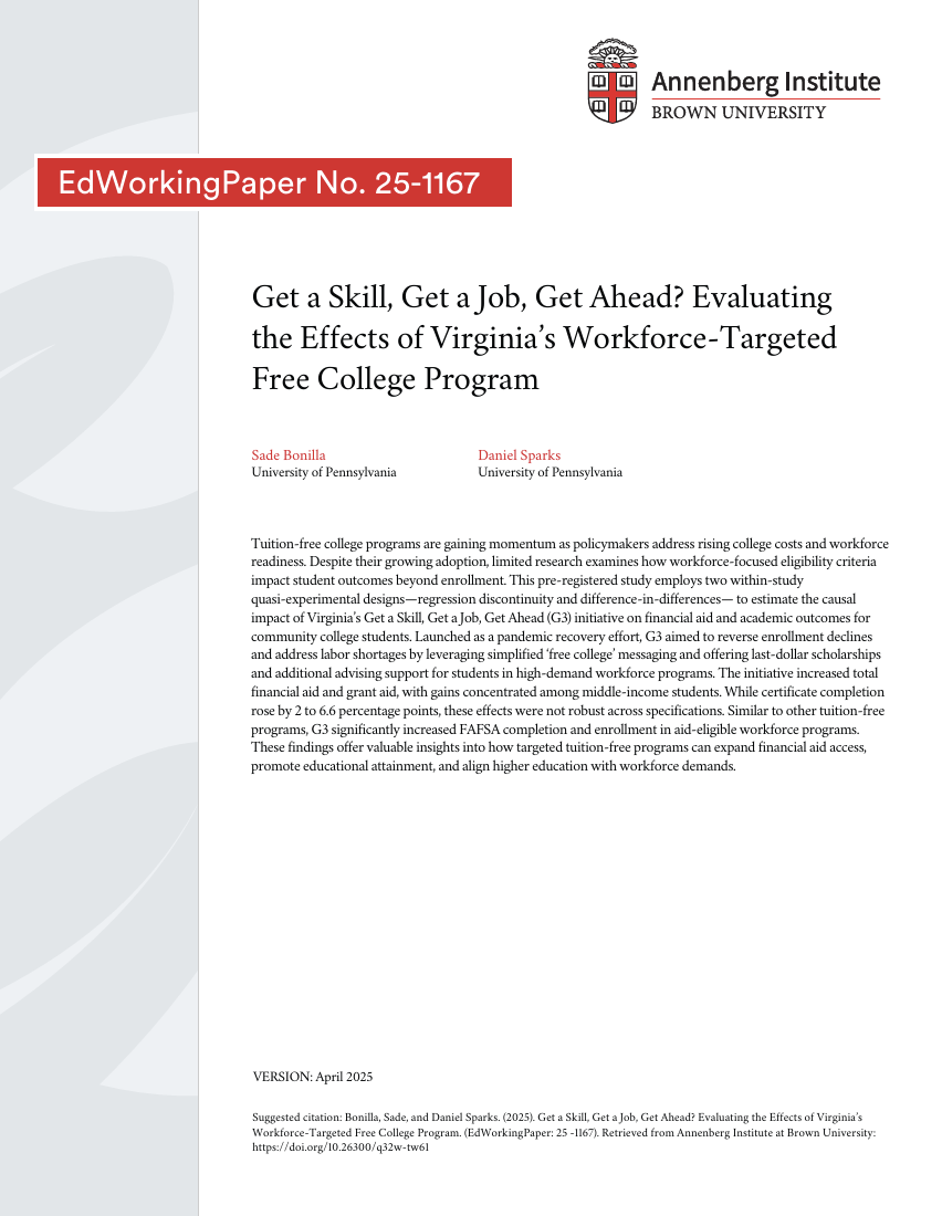 Get a Skill, Get a Job, Get Ahead? Evaluating the Effects of Virginia’s Workforce-Targeted Free College Program