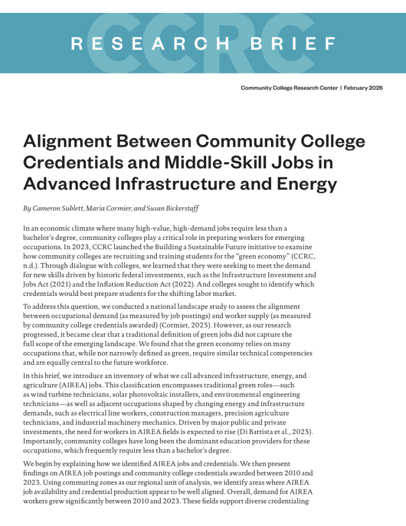 Research brief cover with title, "Alignment Between Community College Credentials and Middle-Skill Jobs in Advanced Infrastructure and Energy"