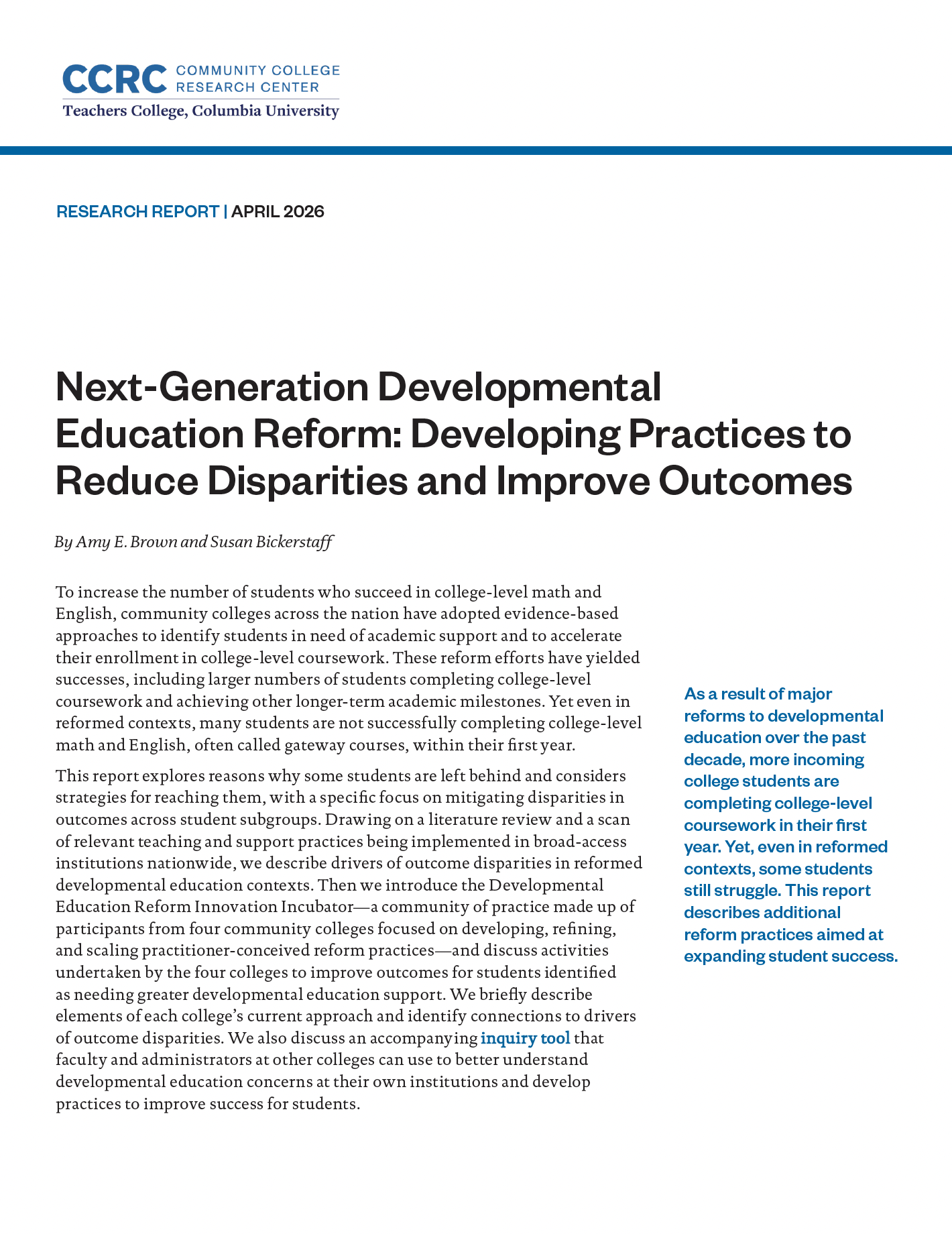 Next-Generation Developmental Education Reform: Developing Practices to Reduce Disparities and Improve Outcomes