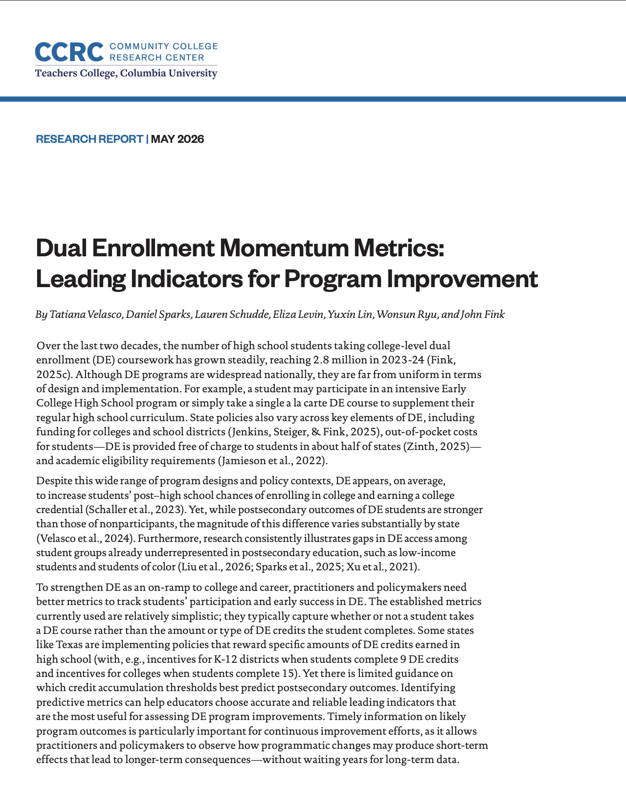 Dual Enrollment Momentum Metrics: Leading Indicators for Program Improvement